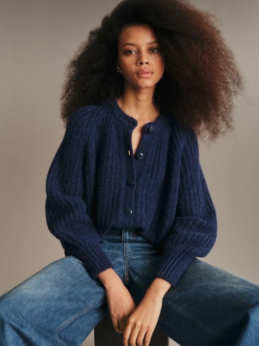 Sezane Emile Navy Blue Wool Alpaca Button Front Oversized Cardigan Size S